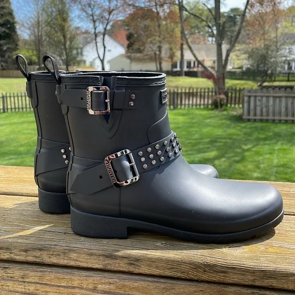 Hunter Sz 7 Black Refined Stud Biker Rubber Rain Bootie Ankle Boots - Picture 2 of 15